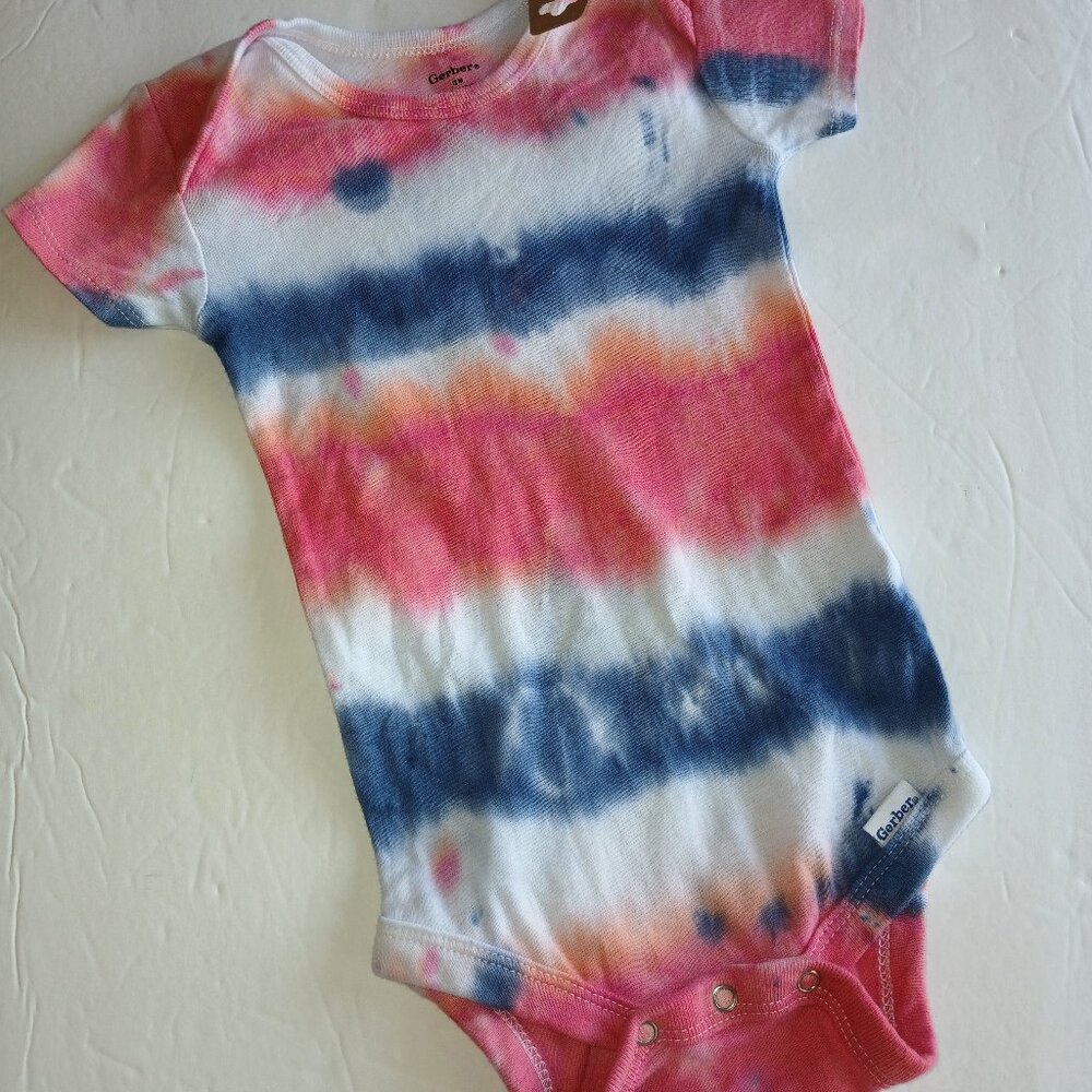 Tie Dye Red White & Blue Stripe Baby Snap Crotch Body Suit for July 4th 12 Month
